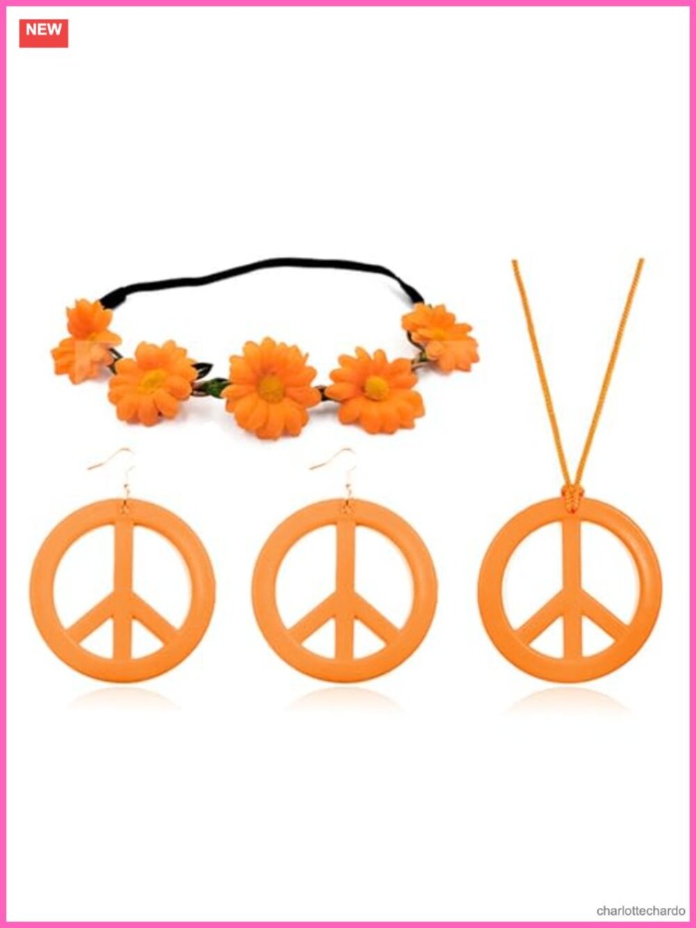 Gold Tone Peace Sign Necklace Earrings Sunflower Headband Set